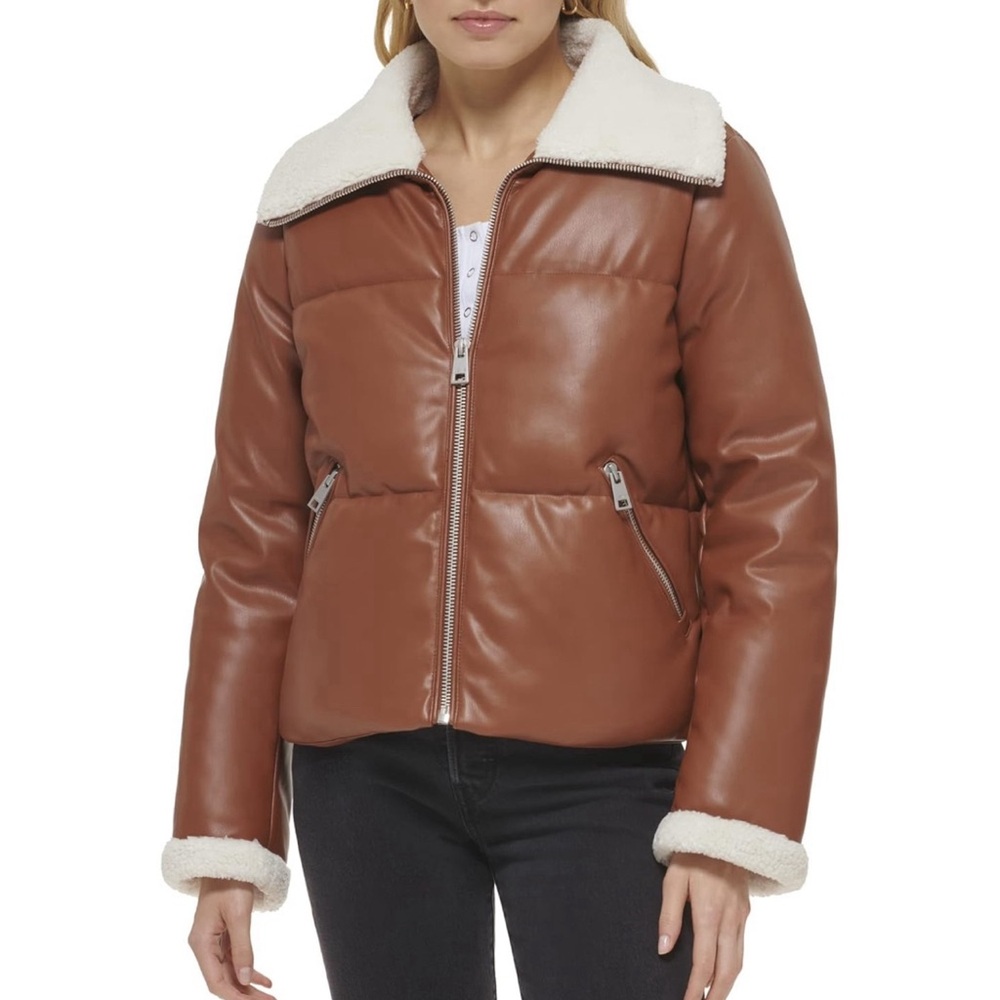 LEVI’S Breanna Puffer Eco Leather Sherpa Trimmed Quilted Preppy Jacket XS